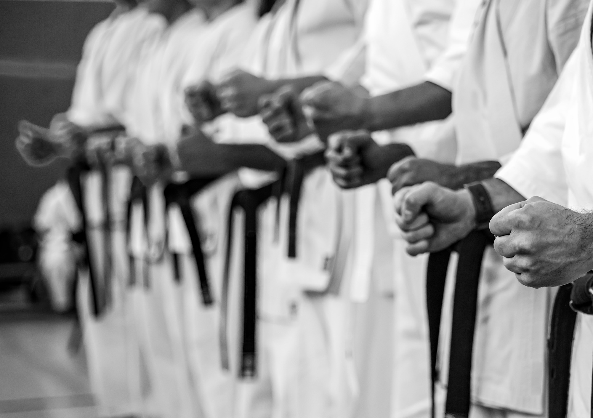 Karateka stehen gemeinsam in einer Reihe